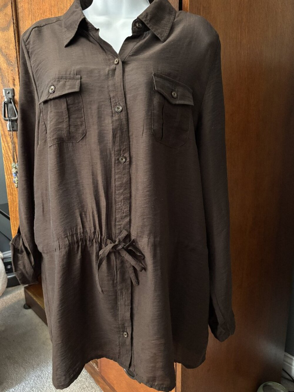 I.N. Studio Sheer Utility Tunic Blouse XL Brown Roll Tab Sleeve Button Front Top